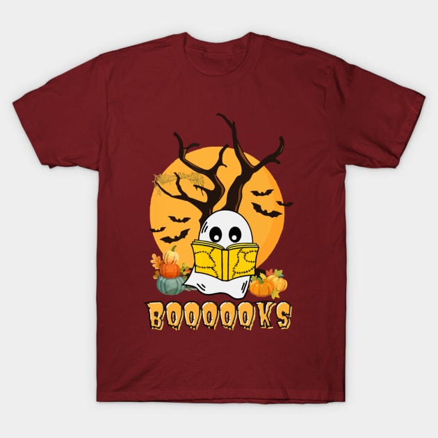 Cute Booooks Ghost Read More Books Funny Teacher Halloween T-Shirt by LEMOUS TEES